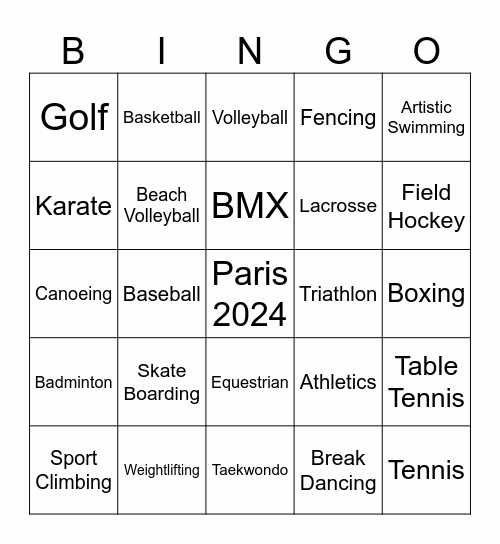 Olympics Bingo Card