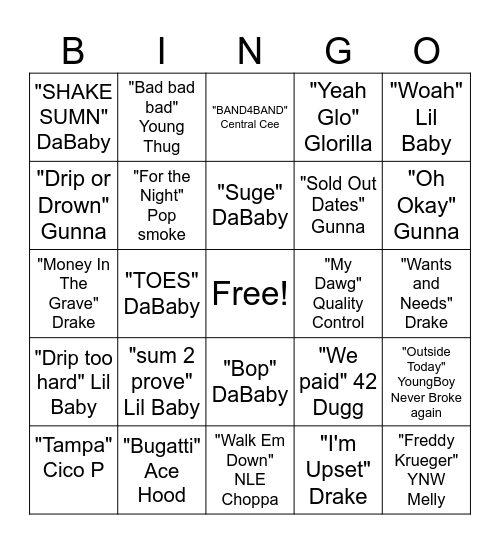 Rap Bingo Card