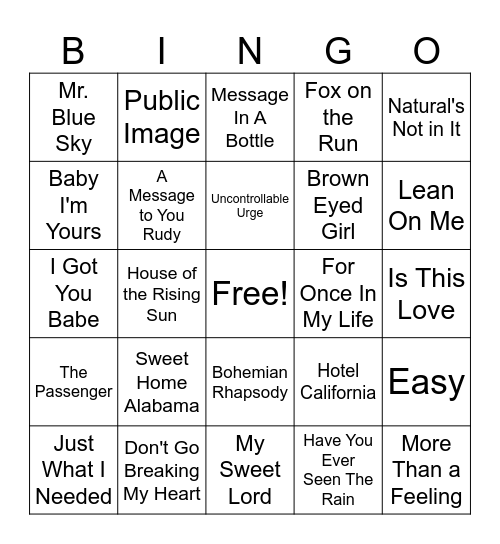 60s/70s Classic Rock Bingo Card