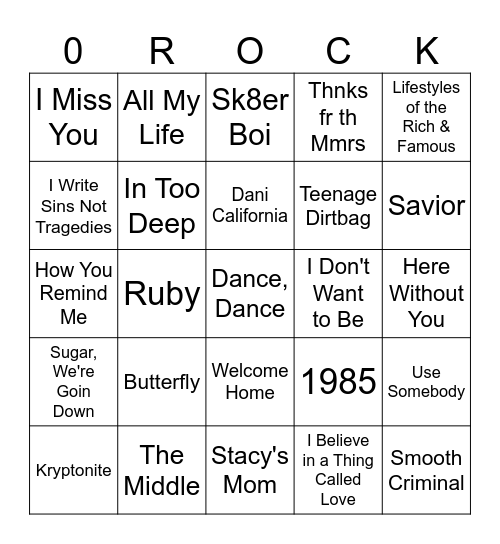 00s Rock/Alt Bingo Card