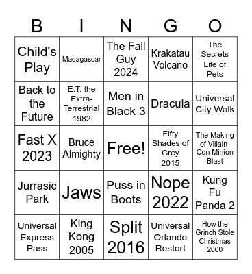 Universal Studios Bingo Card