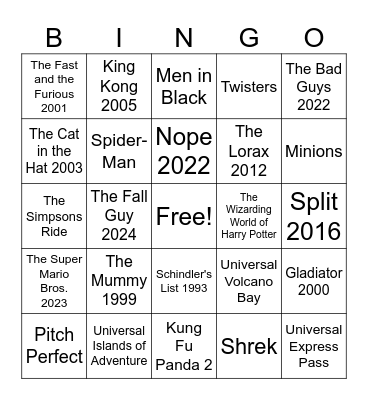 Universal Studios Bingo Card