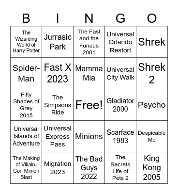 Universal Studios Bingo Card