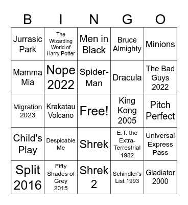 Universal Studios Bingo Card