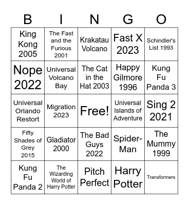 Universal Studios Bingo Card