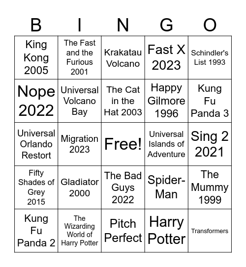 Universal Studios Bingo Card