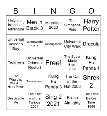 Universal Studios Bingo Card