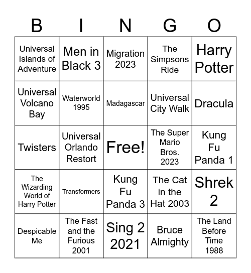 Universal Studios Bingo Card