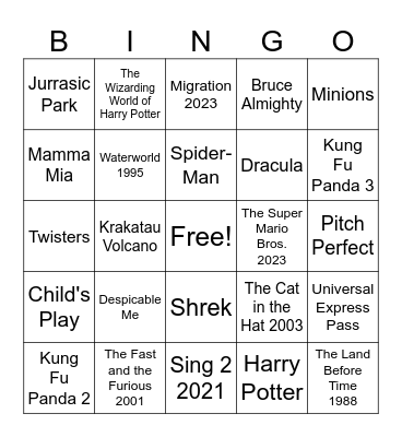 Universal Studios Bingo Card