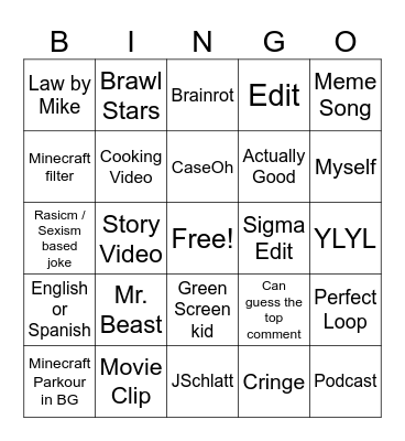 Youtube Shorts Bingo Card