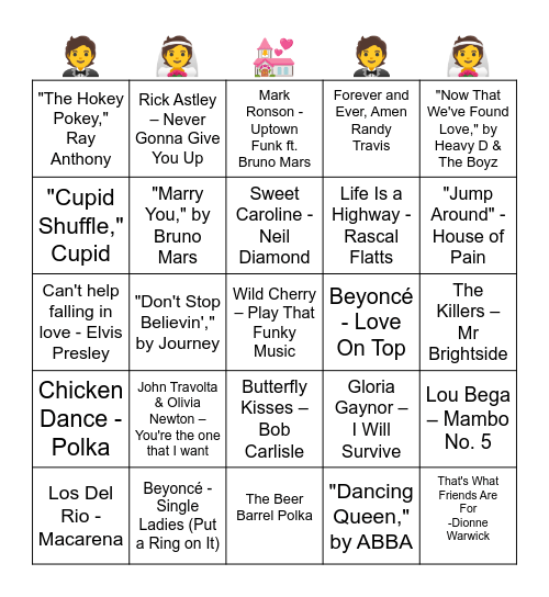 POPULAR SONGS PLAYED AT WEDDING RECEPTIONS Bingo Card