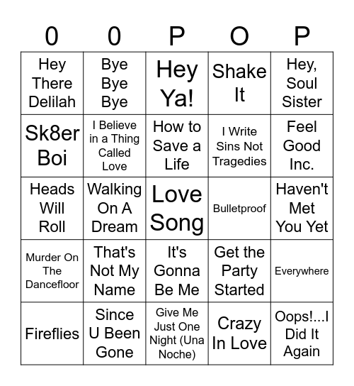 00s Pop Bingo Card