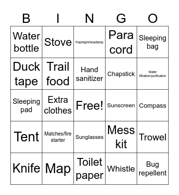 Backpack Bingo Card
