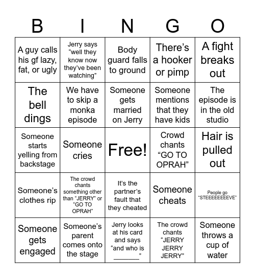 Jerry Springer Bingo Card