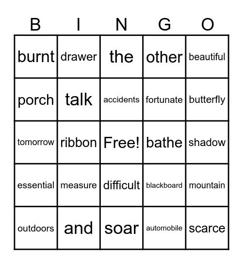 High Frequency Words Bingo Card