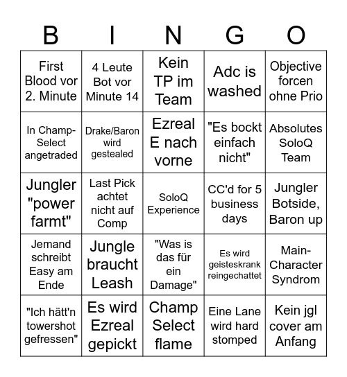 SoloQ Experience Bingo Card