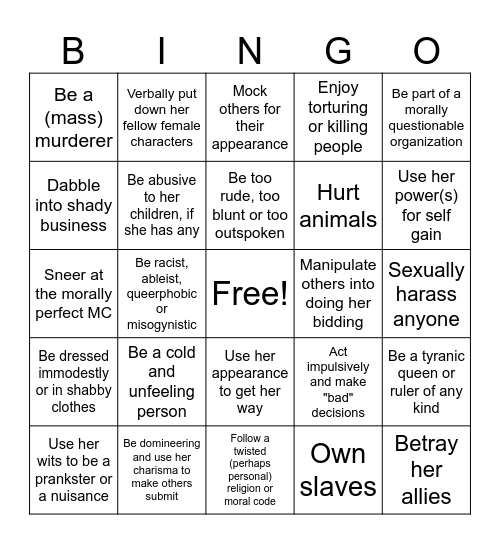 An "Evil" Woman Shall Never: Bingo Card