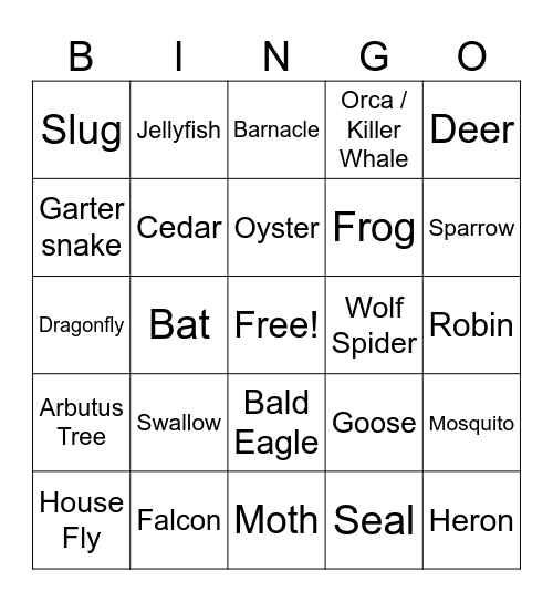 Thetis Island Wildlife Bingo Card