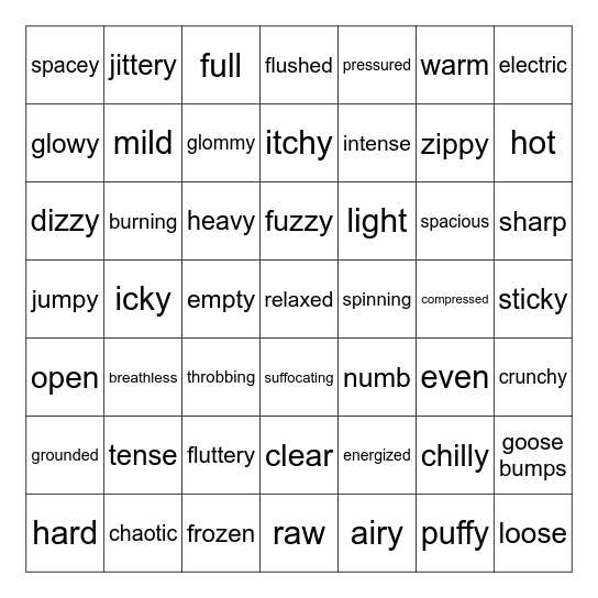 Sensation Bingo Card