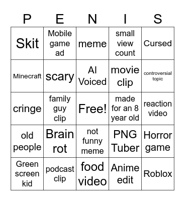 YouTube Short Bingo Card