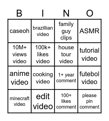 Youtube bingo! Bingo Card