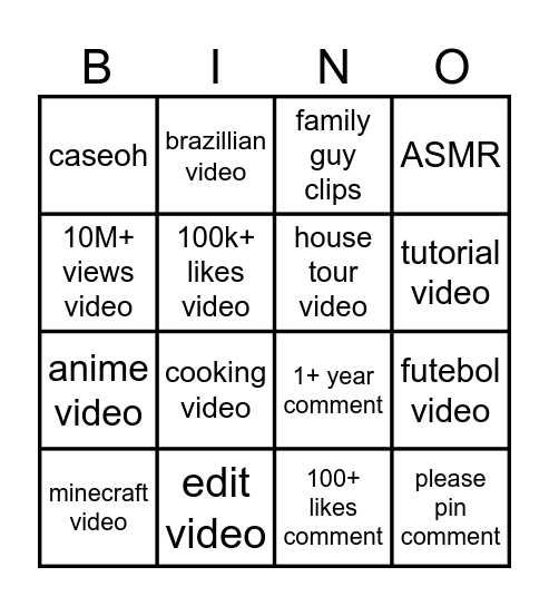 Youtube bingo! Bingo Card