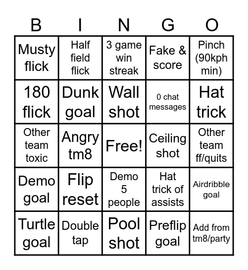 Rocket League Bingo Card