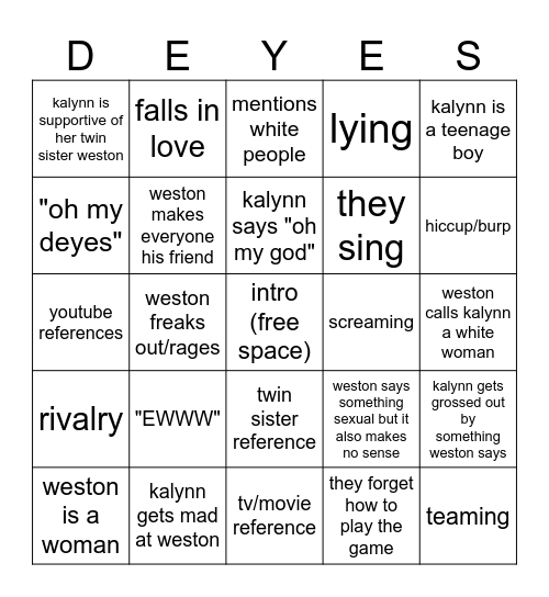 Sinjin Drowning Bingo Card