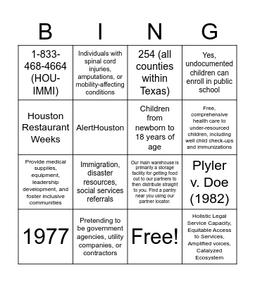 Immigrant Resources Bingo Card