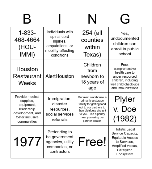 Immigrant Resources Bingo Card