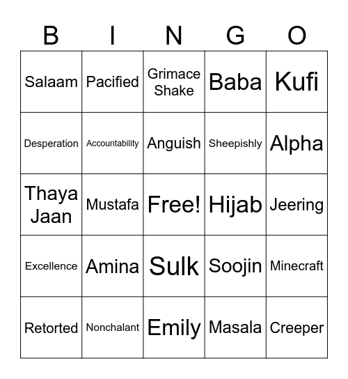 Amina's Voice Bingo Card