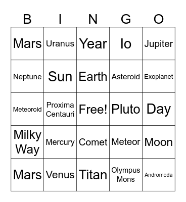 Solar System Bingo Card