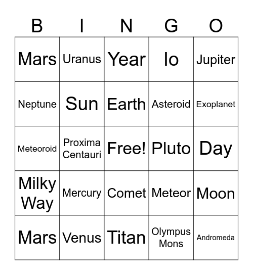 Solar System Bingo Card