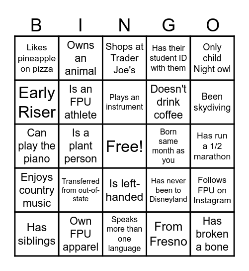 Transfer-Student Bingo Card