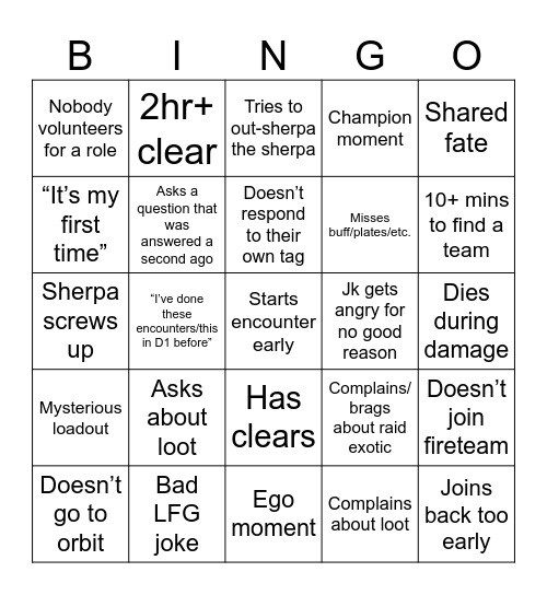 Sherpa Bingo Card