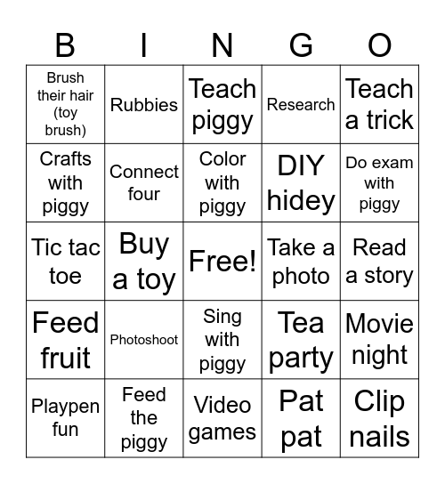 Guinea pig bucketlist Bingo Card