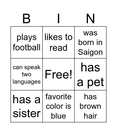 Getting to know each other Bingo Card