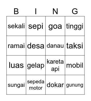 Transport and nature Bingo Card