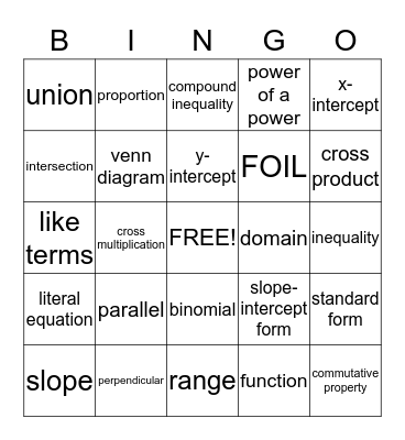 Algebra Bingo Card