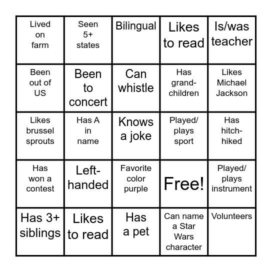 Getting To Know You Bingo Card