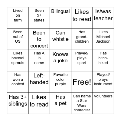 Getting To Know You Bingo Card