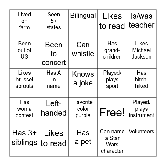 Getting To Know You Bingo Card