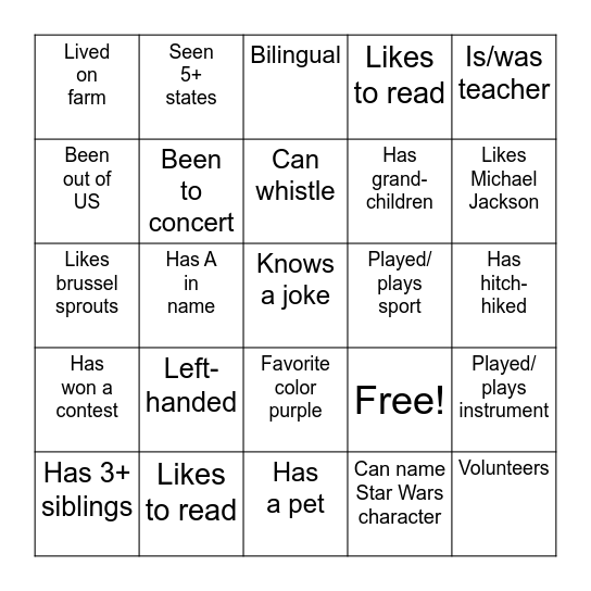 Getting To Know You Bingo Card