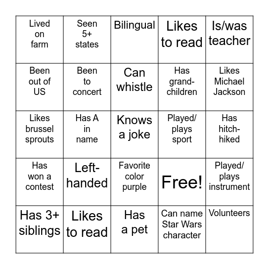 Getting To Know You Bingo Card