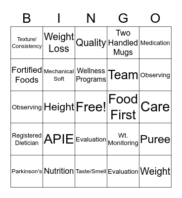 NUTRITION  BINGO Card