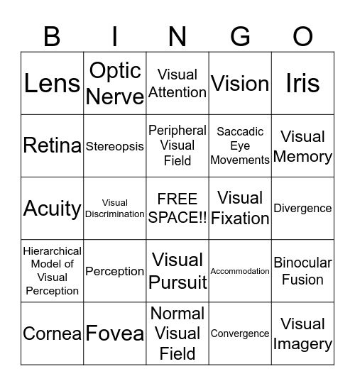 Visual Perception Bingo Card