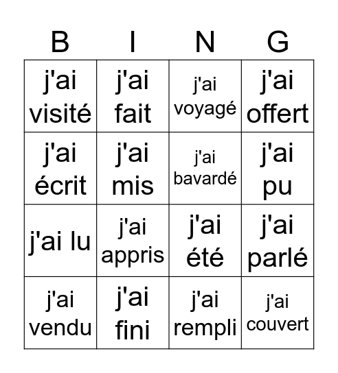 Le passé composé Bingo Card