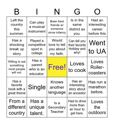 Get to Know You AR Pep Card Bingo Card