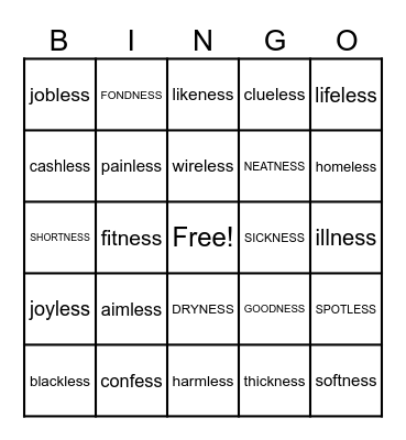 -ness and -less Bingo Card