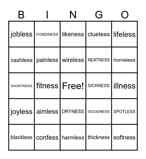 -ness and -less Bingo Card